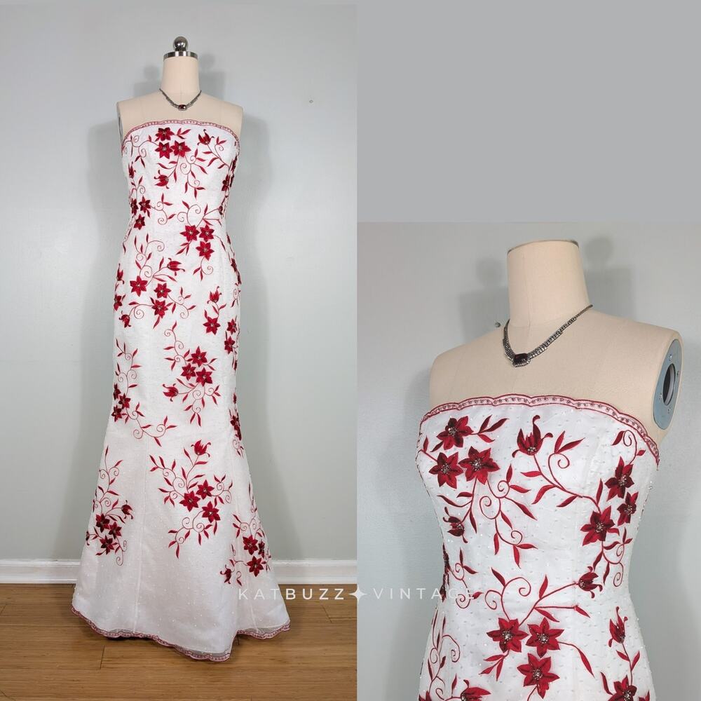 Vintage Cache Prom Dress Maxi Gown 10 White Red Floral Y2K Wedding Bride Glam